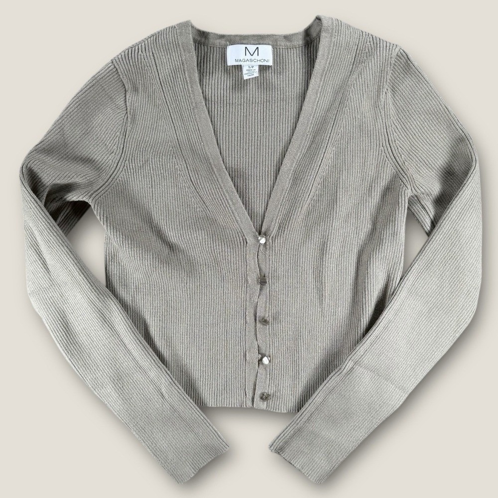 Magaschoni Ribbed Cropped Cardigan Sweater Small Sage Green V-Neck Button‎ Up